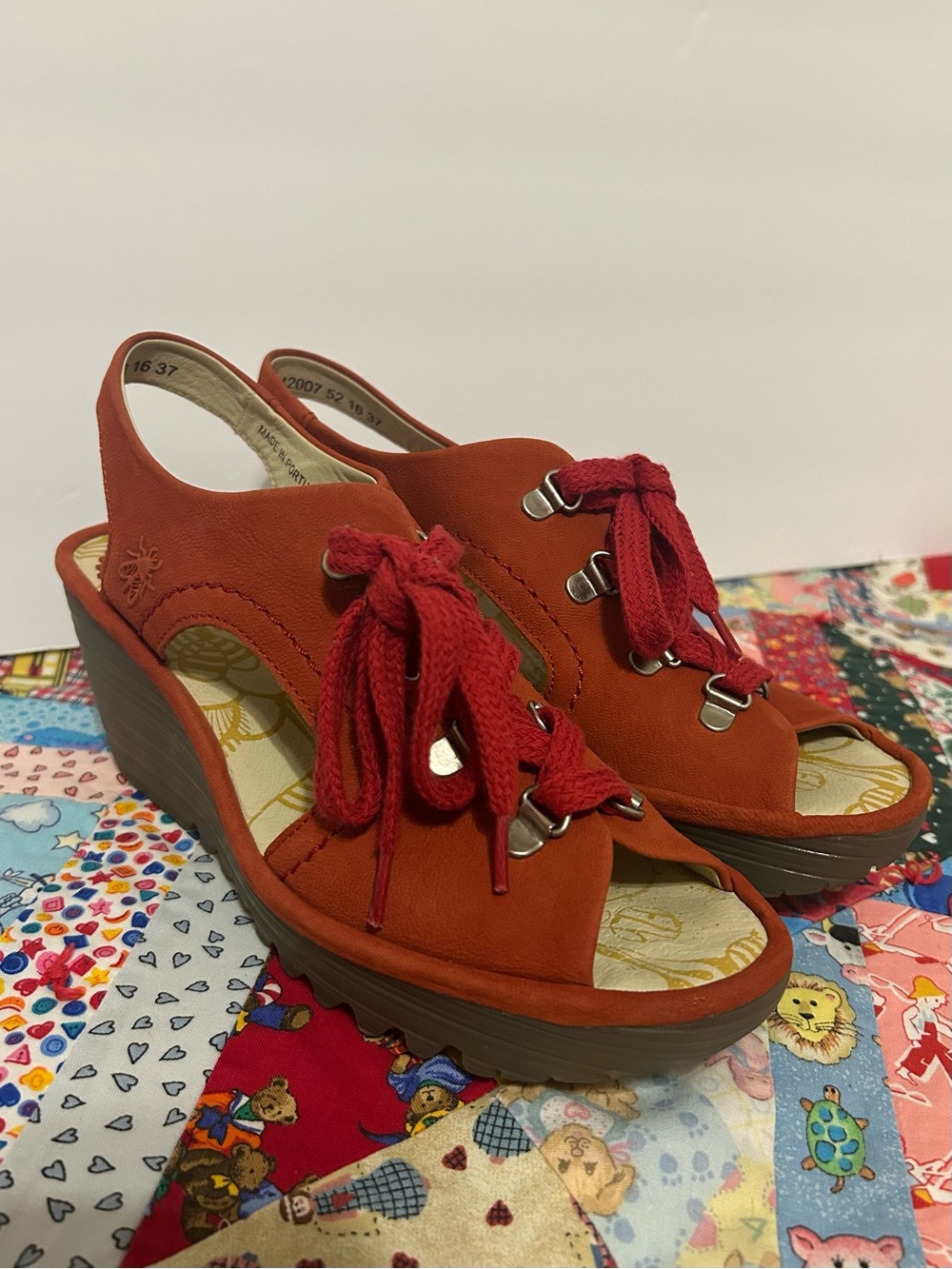 Fly London Red Ylfa Lace Up Peep Toe Wedges Sz 37